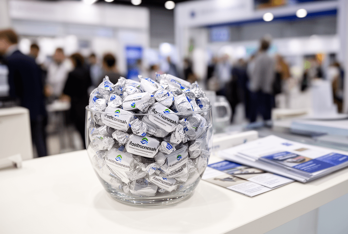 bonbons publicitaires personnalisés présentés sur un stand salon